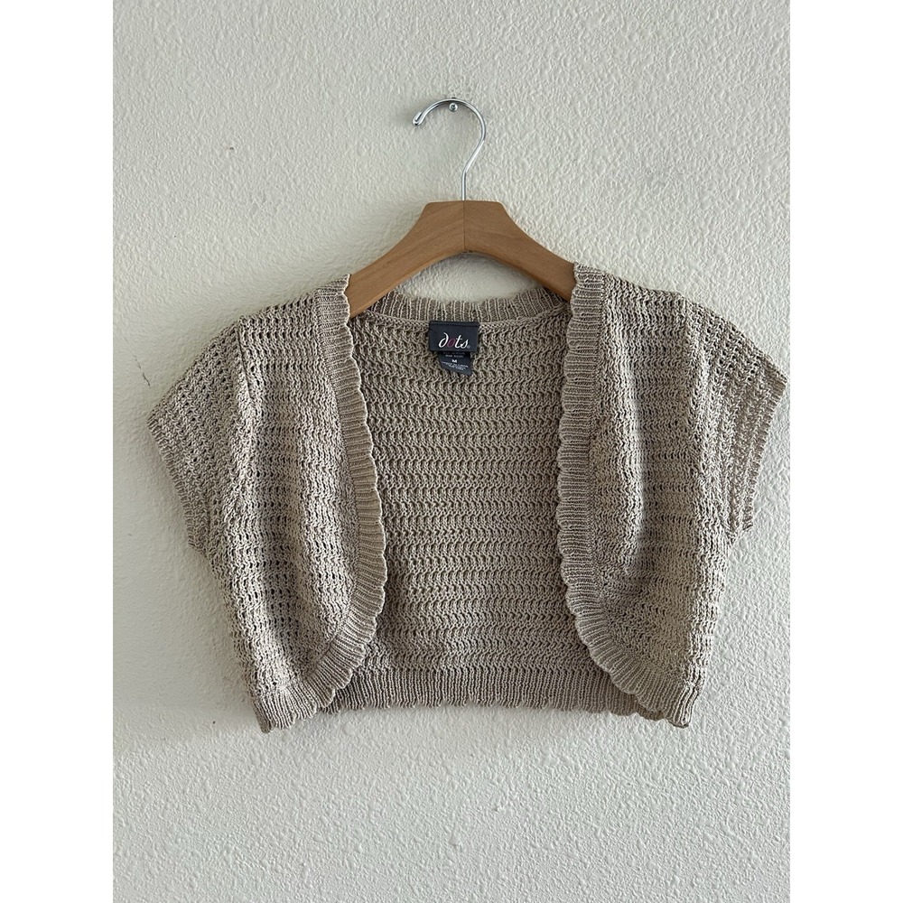 Vintage Dots Y2K Crochet Knit Bolero Shrug M Jr. Tan Beige Open Front Cropped